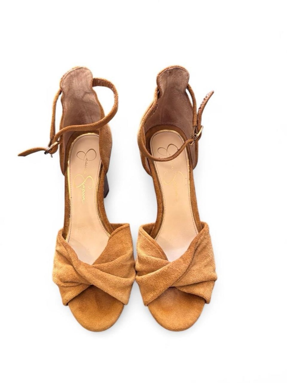Jessica Simpson Tan Suede Twist Front Wedge Sandals